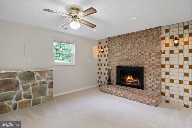 13712 S Springfield Rd, Brandywine, MD 20613 - unfurnished living room featuring carpet flooring, a ceiling fan, a fireplace, a textured ceiling, and baseboards