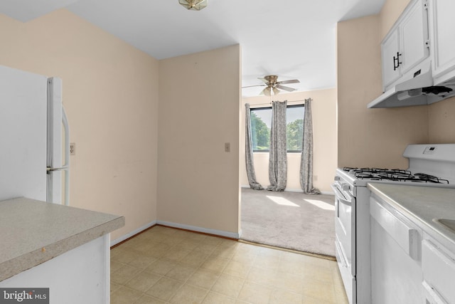6017 Majors Ln Unit 3, Columbia, MD 21045 - kitchen featuring white appliances, ceiling fan, under cabinet range hood, white cabinetry, and light countertops