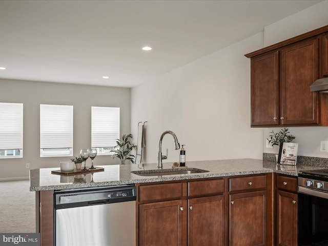 262 Norland Knoll Dr, Stephenson, VA 22656 - kitchen featuring stainless steel appliances, light stone countertops, carpet flooring, recessed lighting, and under cabinet range hood