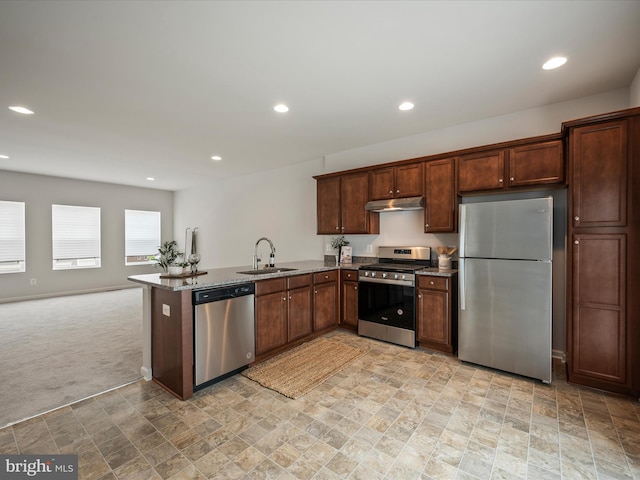 262 Norland Knoll Dr, Stephenson, VA 22656 - kitchen with appliances with stainless steel finishes, under cabinet range hood, recessed lighting, light stone finish floors, and a peninsula