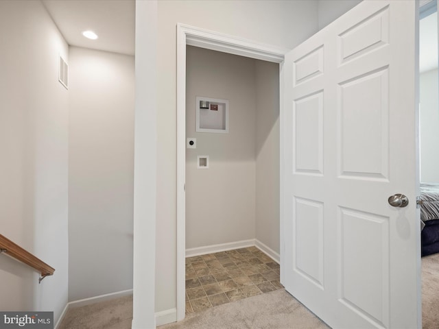 262 Norland Knoll Dr, Stephenson, VA 22656 - washroom with hookup for an electric dryer, carpet flooring, hookup for a washing machine, and recessed lighting