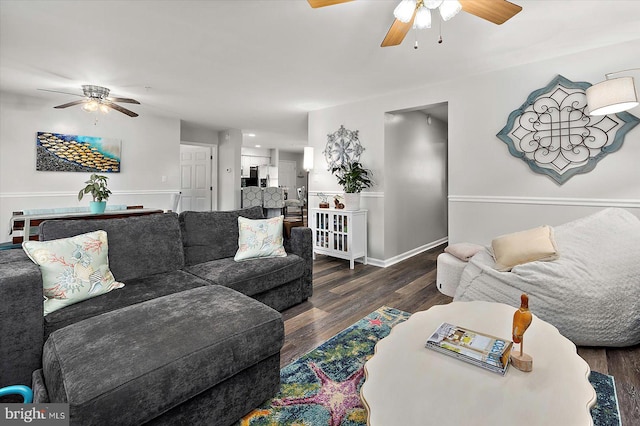 12545 River Run Ln Unit 68, Berlin, MD 21811 - living room featuring a ceiling fan, wood finished floors, and baseboards