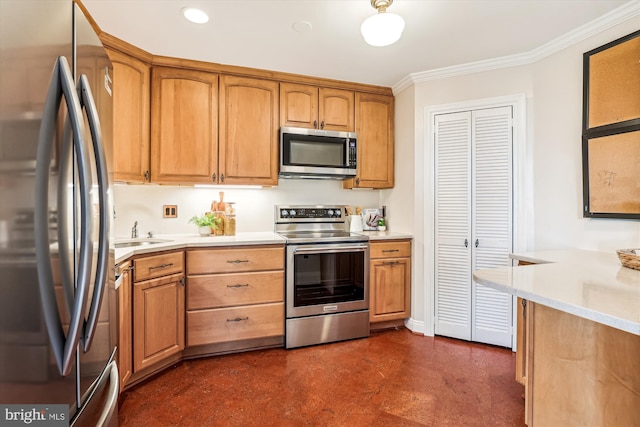 955 26th St NW Unit 512, Washington, DC 20037 - kitchen with appliances with stainless steel finishes, crown molding, light countertops, and recessed lighting