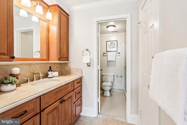 955 26th St NW Unit 512, Washington, DC 20037 - full bath with vanity, backsplash, tile patterned flooring, ornamental molding, and a shower with shower door