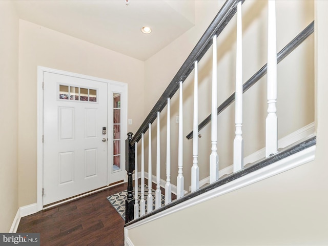 7114 Proclamation Pl, Frederick, MD 21703 - entrance foyer with wood finished floors, recessed lighting, baseboards, and stairway
