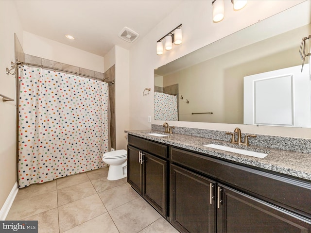7114 Proclamation Pl, Frederick, MD 21703 - bathroom with double vanity, toilet, tile patterned floors, and a shower with curtain