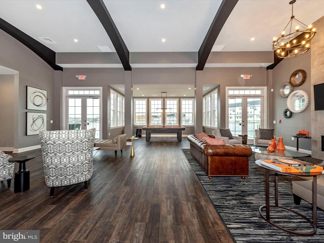 7114 Proclamation Pl, Frederick, MD 21703 - living room with french doors, beamed ceiling, dark wood-style floors, baseboards, and billiards table