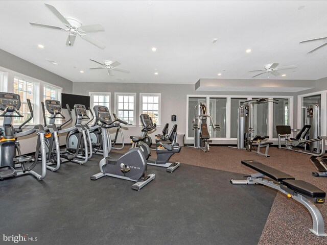 7114 Proclamation Pl, Frederick, MD 21703 - workout area with healthy amount of natural light, ceiling fan, and recessed lighting