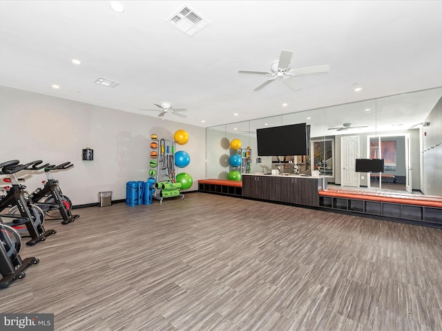 7114 Proclamation Pl, Frederick, MD 21703 - gym featuring ceiling fan, light wood-type flooring, recessed lighting, and baseboards