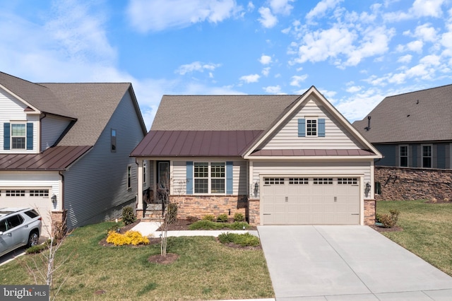 2954 Caraway Dr, Frederick, MD 21704 - craftsman inspired home with a standing seam roof, concrete driveway, metal roof, and a front lawn