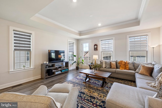 2954 Caraway Dr, Frederick, MD 21704 - living room featuring ornamental molding, a raised ceiling, baseboards, wood finished floors, and recessed lighting
