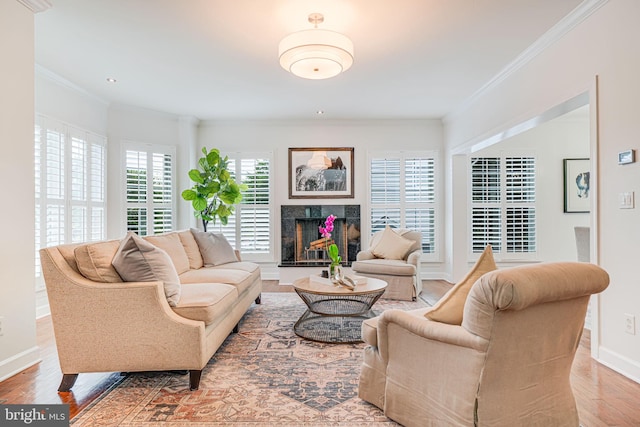 1620 N George Mason Dr, Arlington, VA 22205 - living area featuring ornamental molding, wood finished floors, a premium fireplace, baseboards, and recessed lighting