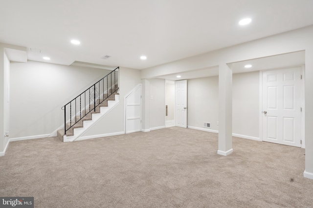 517 Worcester, Towson, MD 21286 - finished basement with carpet flooring, recessed lighting, baseboards, and stairs