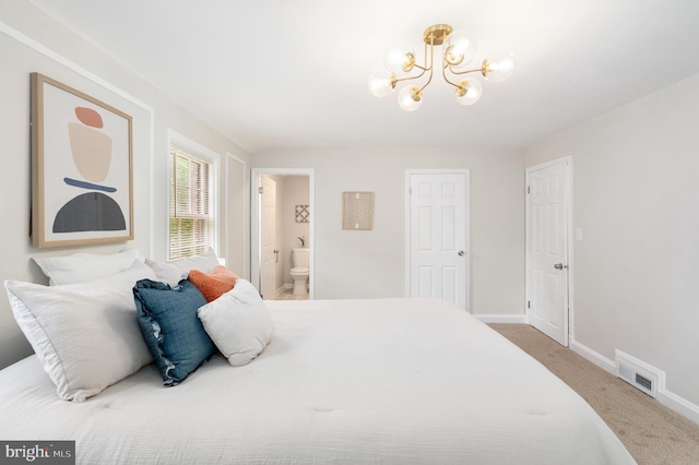 517 Worcester, Towson, MD 21286 - bedroom featuring a chandelier, carpet flooring, connected bathroom, and baseboards