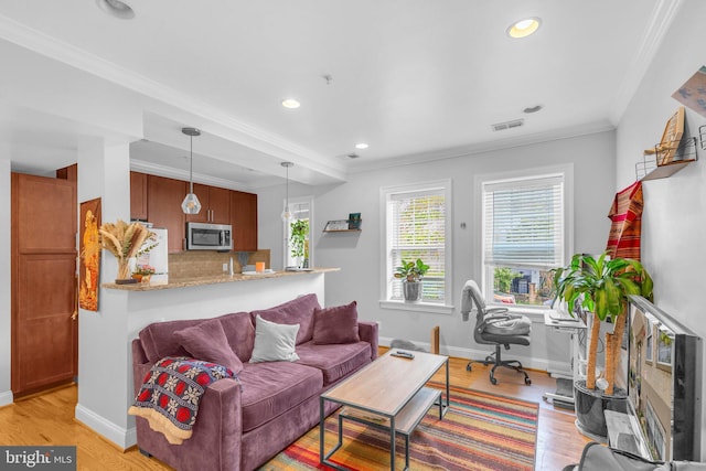 739 Newton Pl NW Unit 105, Washington, DC 20010 - living room featuring light wood finished floors, recessed lighting, crown molding, baseboards, and a desk