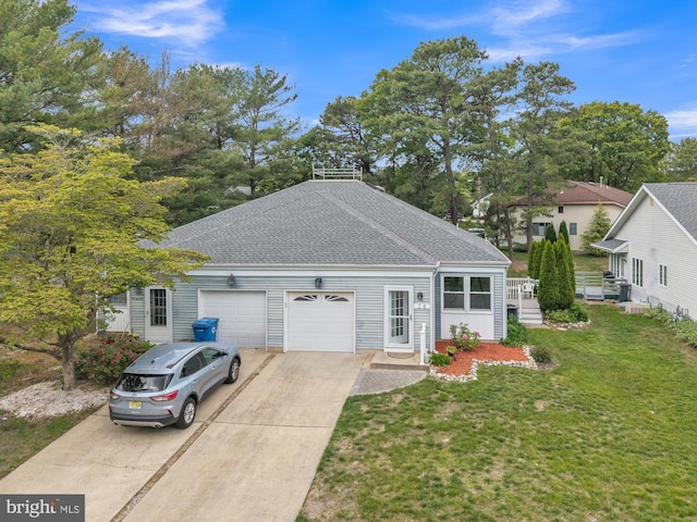 28 Sycamore Rd Unit 45, Manahawkin, NJ 08050 - ranch-style home with an attached garage, a shingled roof, driveway, and a front yard