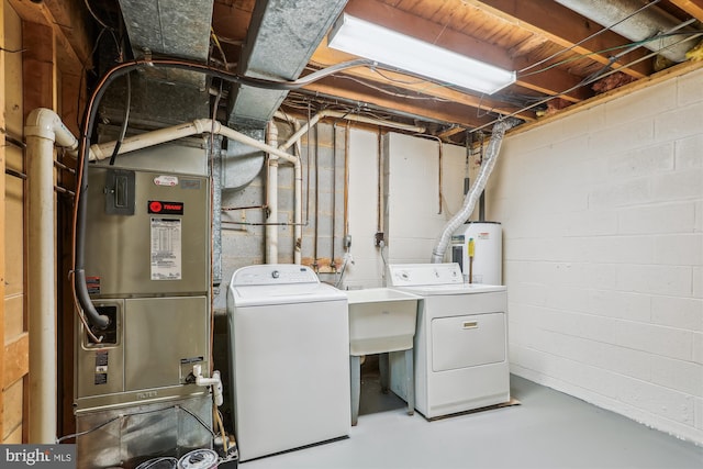 19918 Wyman Way, Germantown, MD 20874 - laundry room with washer and clothes dryer, water heater, concrete block wall, and heating unit