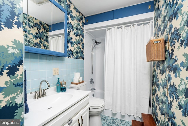 44 Rolling Ln, Hamilton, NJ 08690 - bathroom featuring wallpapered walls, vanity, toilet, shower / bath combo with shower curtain, and a wainscoted wall