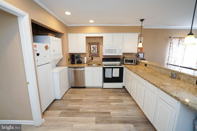 17 139th St Unit 101, Ocean City, MD 21842 - kitchen featuring white appliances, crown molding, white cabinets, light wood finished floors, and decorative light fixtures