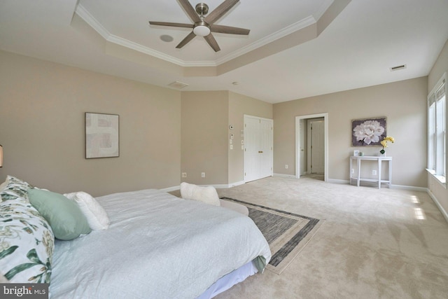 19083 Parallel Bluffs Ct, Leesburg, VA 20176 - carpeted bedroom with a tray ceiling, ornamental molding, and a ceiling fan
