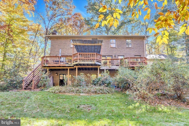 8150 Wolf Run Shoals Rd, Clifton, VA 20124 - back of house featuring a wooden deck, brick siding, stairs, and a lawn