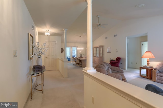 7 Brookside Cir, Myerstown, PA 17067 - hall featuring light colored carpet, lofted ceiling, decorative columns, and a chandelier