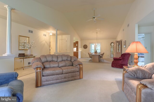 7 Brookside Cir, Myerstown, PA 17067 - carpeted living area featuring ceiling fan, decorative columns, and high vaulted ceiling