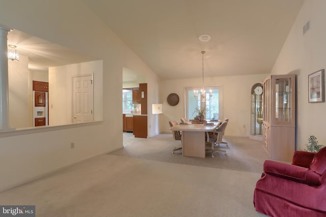 7 Brookside Cir, Myerstown, PA 17067 - dining room featuring a chandelier, light carpet, vaulted ceiling, and baseboards