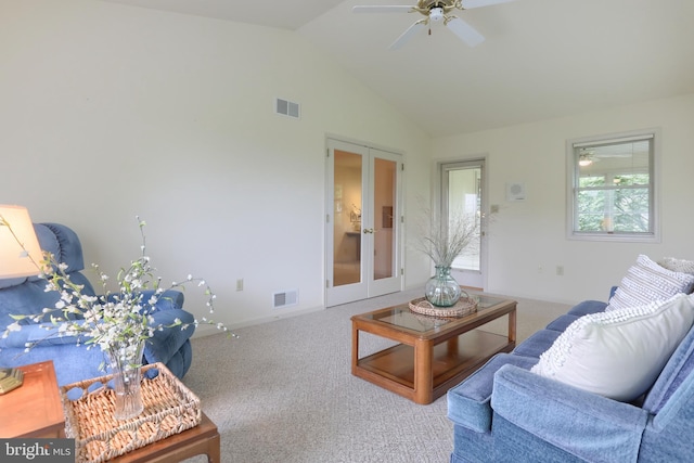 7 Brookside Cir, Myerstown, PA 17067 - living area with french doors, vaulted ceiling, ceiling fan, and carpet flooring