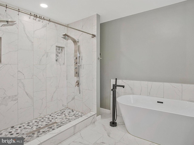 3270 Channel Ct, Huntingtown, MD 20639 - bathroom with a freestanding tub, a shower stall, marble finish flooring, and recessed lighting