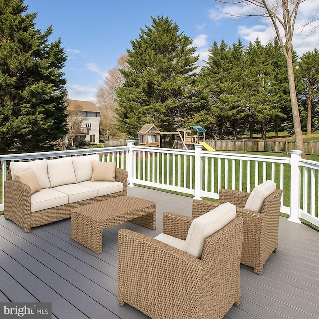 3270 Channel Ct, Huntingtown, MD 20639 - wooden terrace featuring outdoor lounge area and a playground
