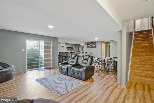 3270 Channel Ct, Huntingtown, MD 20639 - living area with stairway, light wood finished floors, baseboards, and recessed lighting