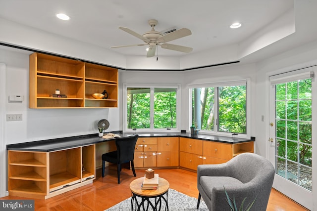 1414 N Johnson St, Arlington, VA 22201 - office space with light wood finished floors, ceiling fan, built in study area, and recessed lighting