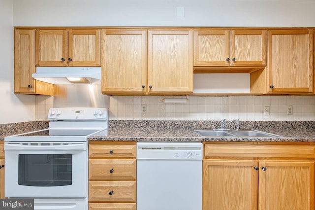 15115 Interlachen Dr Unit 3-920, Silver Spring, MD 20906 - kitchen featuring white appliances, under cabinet range hood, a sink, backsplash, and open shelves