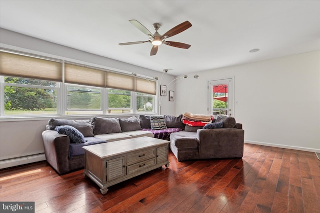 4811 Kings Rd, Doylestown, PA 18902 - living area featuring dark wood finished floors, a baseboard radiator, and a ceiling fan