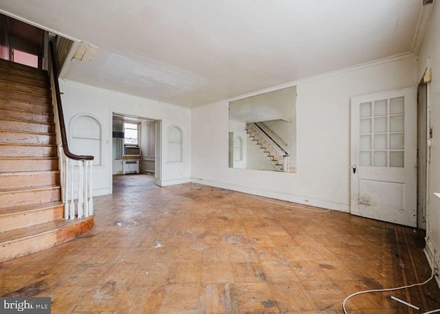 1725 Conlyn St, Philadelphia, PA 19141 - unfurnished living room featuring stairs, crown molding, baseboards, and wood finished floors