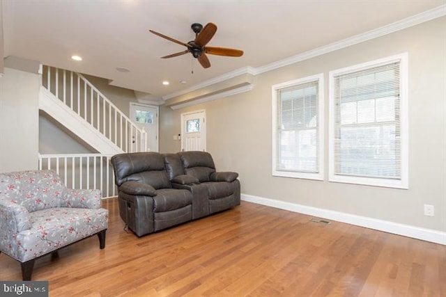 2306 Monticello Rd, Baltimore, MD 21216 - living area featuring ceiling fan, crown molding, baseboards, wood finished floors, and recessed lighting