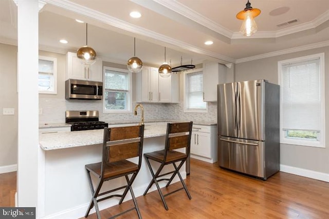2306 Monticello Rd, Baltimore, MD 21216 - kitchen with stainless steel appliances, backsplash, wood finished floors, ornamental molding, and recessed lighting