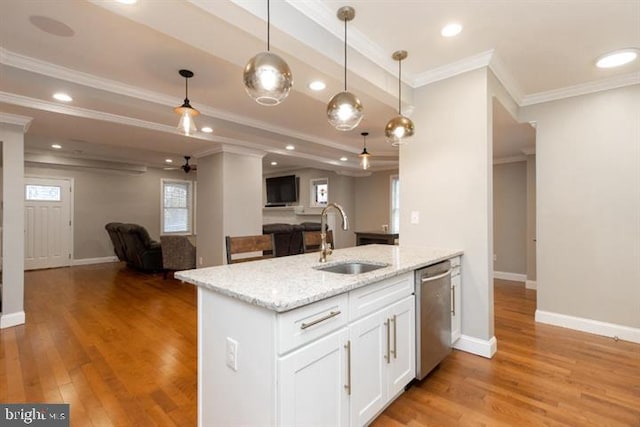 2306 Monticello Rd, Baltimore, MD 21216 - kitchen featuring a sink, stainless steel dishwasher, open floor plan, light wood-style floors, and recessed lighting