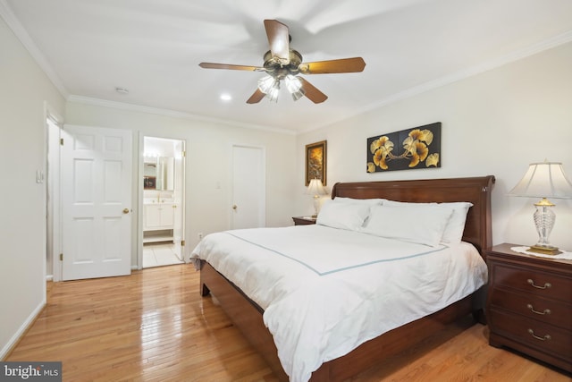 10104 Colebrook Ave, Potomac, MD 20854 - bedroom featuring light wood-style floors, crown molding, ensuite bath, baseboards, and ceiling fan