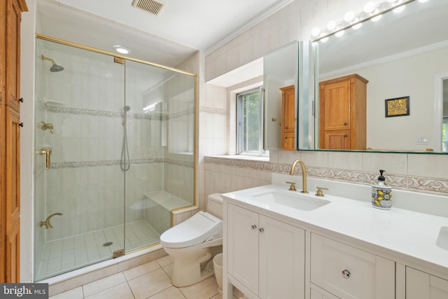 10104 Colebrook Ave, Potomac, MD 20854 - full bathroom featuring toilet, tile patterned floors, a stall shower, double vanity, and crown molding