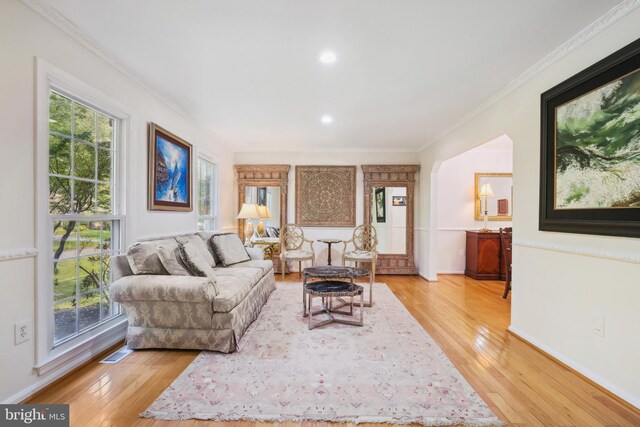 10104 Colebrook Ave, Potomac, MD 20854 - living area with ornamental molding, light wood-style floors, baseboards, and recessed lighting