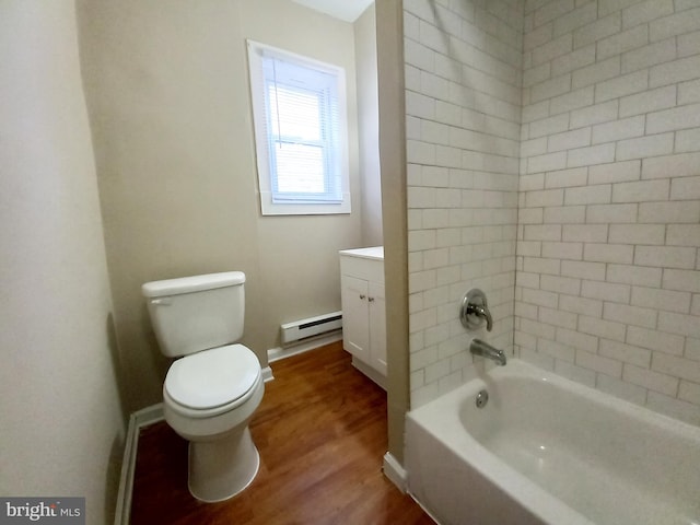 4623 N Broad St, Philadelphia, PA 19140 - bathroom with a baseboard radiator, toilet, wood finished floors, vanity, and shower / bath combination