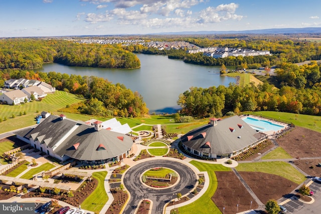 118 Milkweed Dr, Lake Frederick, VA 22630 - drone / aerial view of a nearby body of water, a forest, and a pool area
