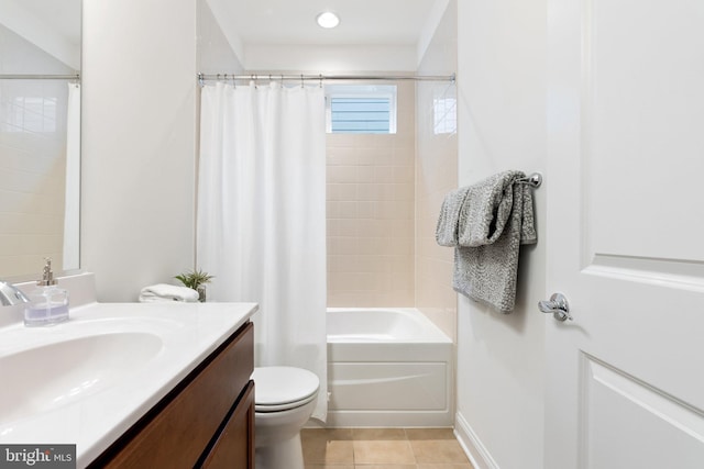 118 Milkweed Dr, Lake Frederick, VA 22630 - bathroom with vanity, toilet, shower / bath combination with curtain, and tile patterned floors