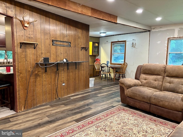 149 Smoketown Rd, Mertztown, PA 19539 - living area with wooden walls, wood finished floors, and recessed lighting