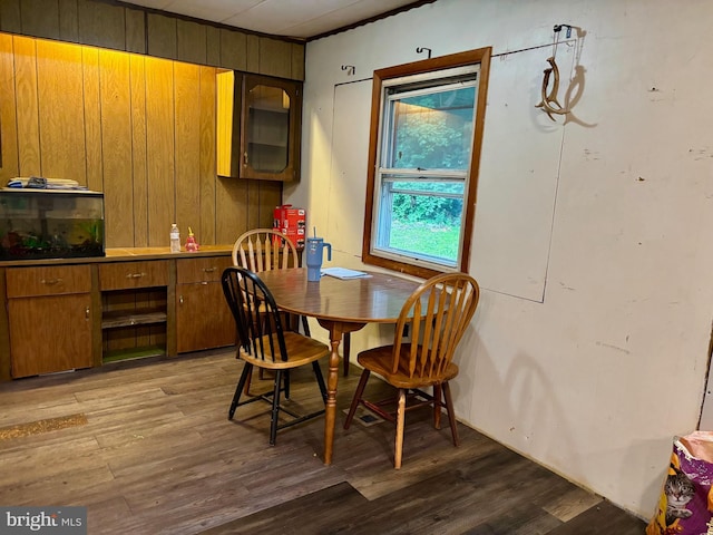 149 Smoketown Rd, Mertztown, PA 19539 - dining space with wood finished floors, wood walls, and ornamental molding