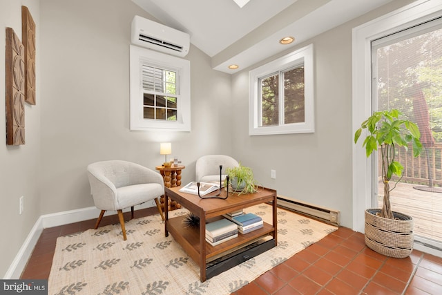1505 Otis St NE, Washington, DC 20017 - sitting room with baseboard heating, a wall unit AC, lofted ceiling, recessed lighting, and tile patterned floors