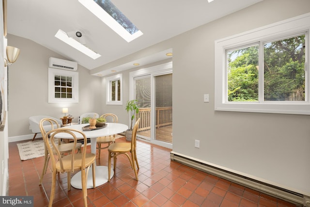 1505 Otis St NE, Washington, DC 20017 - dining room featuring a baseboard heating unit, a wall mounted AC, a skylight, vaulted ceiling, and baseboards