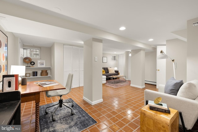 1505 Otis St NE, Washington, DC 20017 - tiled home office with a baseboard heating unit, recessed lighting, and baseboards